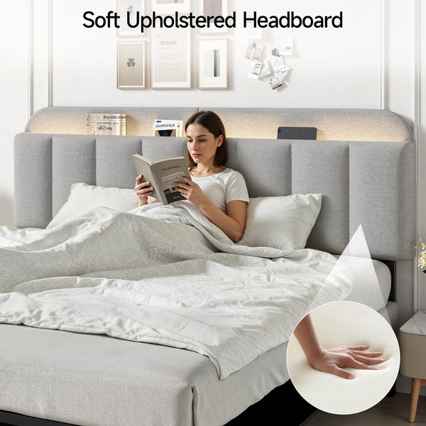 Upholstered Headboard with LED Lighting & Storage