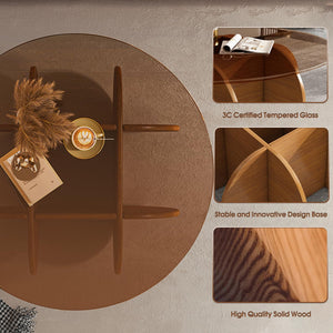 Round Glass Coffee Table with Solid Wood Legs