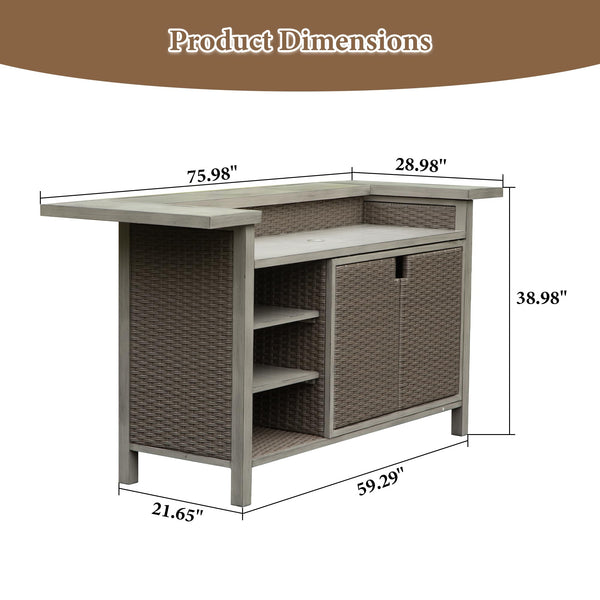 Outdoor Aluminum PE Wicker Bar Table with Cabinet & Storage
