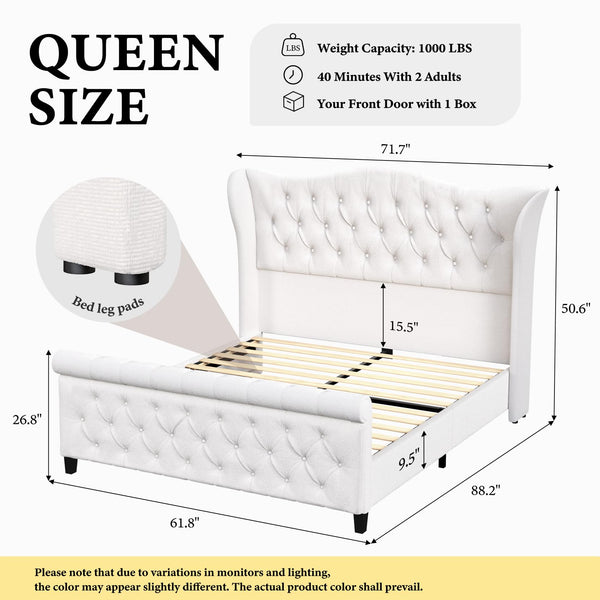 Upholstered Sleigh Bed Frame with Wingback Headboard