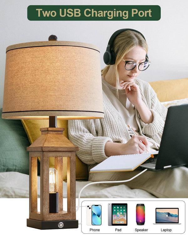 Farmhouse Table Lamp with USB Charging & Nightlight