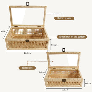 Rattan Decorative Boxes with Glass Lids – Set of 2