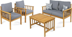 4-Piece Acacia Wood Outdoor Patio Conversation Set with Cushions