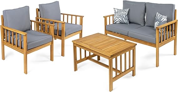 4-Piece Acacia Wood Outdoor Patio Conversation Set with Cushions