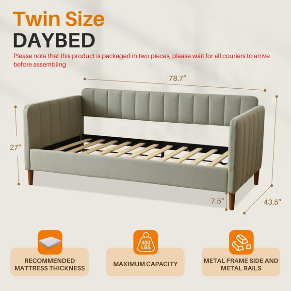 Twin Size Upholstered Daybed with Adjustable Backrest & Wood Slat Support