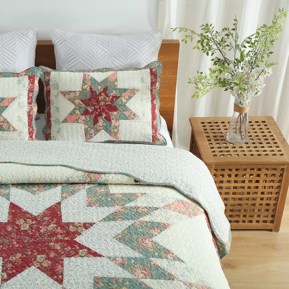Floral Patchwork Cotton Quilt Set – 3-Piece Reversible Bedding Coverlet