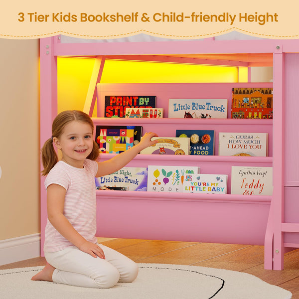 Twin Low Loft Bed with Storage Drawers, Bookshelf & LED Lights