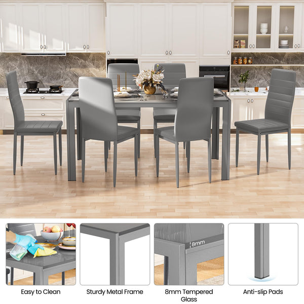 7-Piece Tempered Glass Dining Table Set with 6 PU Leather Chairs