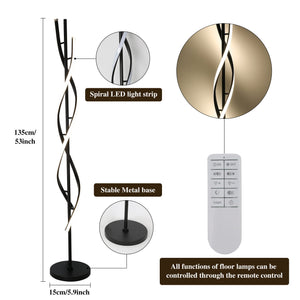 Modern Spiral LED Floor Lamp with Remote Control – 30W Dimmable, 3 Color Temperatures, 53 Inch