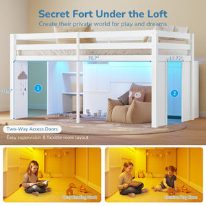 Twin Low Loft Bed with Storage, LED Lights & Reading Nook