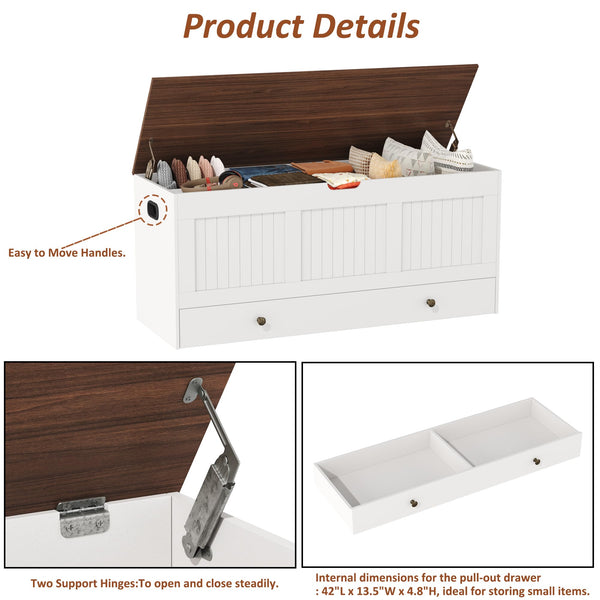 Lift-Top Storage Bench with 2 Drawers – White & Brown