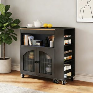 Rolling Kitchen Island with Power Outlet, LED Light & Glass Doors