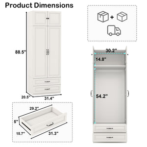 Tall Wardrobe Armoire with 2 Doors & 2 Drawers