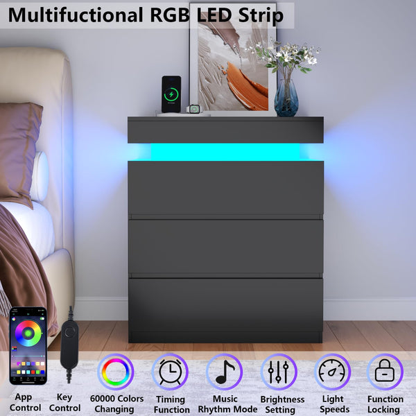 Nightstand with Charging Station and LED Lights – 3 Drawers