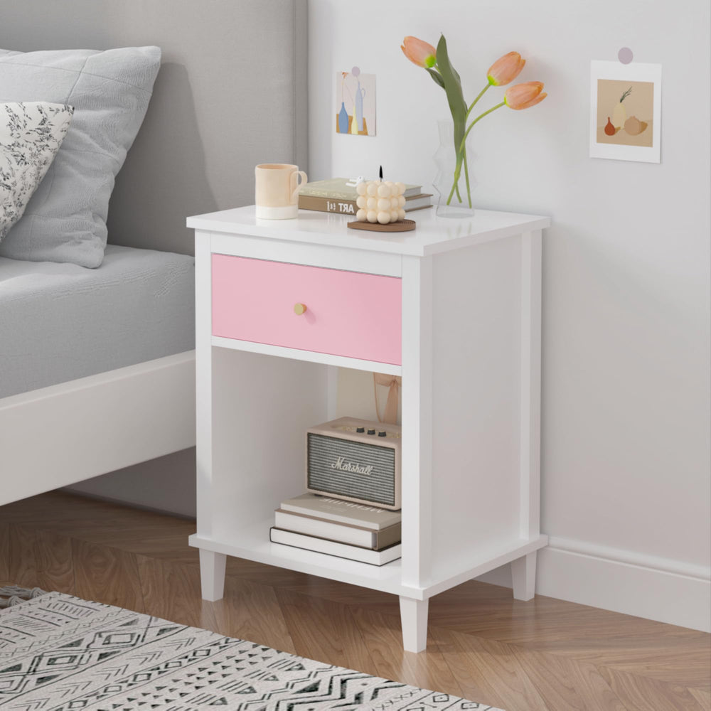 Wooden Nightstand with Drawer & Open Shelf
