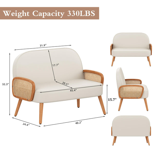 45" Faux Leather Loveseat with Natural Rattan Arms – Beige