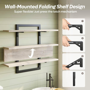 3-Tier Foldable Wall Mounted Floating Shelf with Industrial Metal Brackets