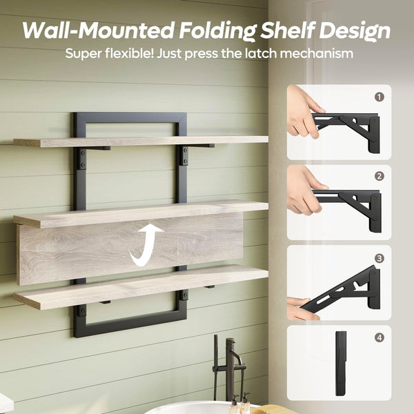 3-Tier Foldable Wall Mounted Floating Shelf with Industrial Metal Brackets