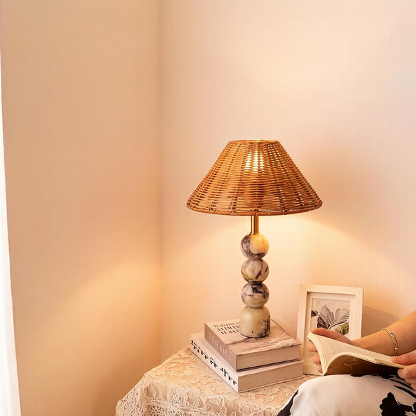 Marble Stacked Ball Table Lamp with Rattan Shade