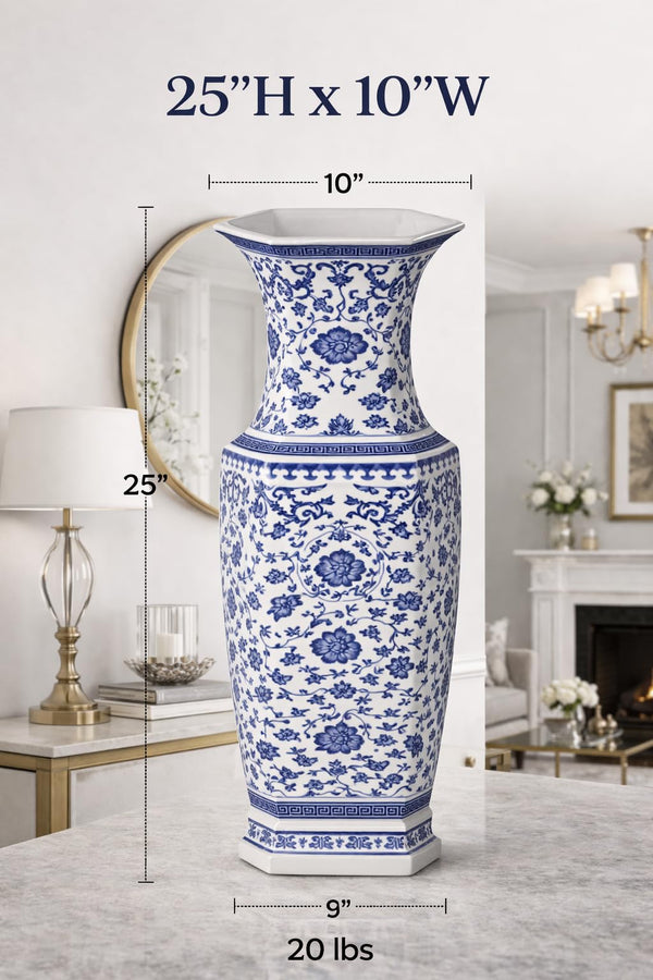 Large Hexagonal Blue and White Porcelain Lotus Vase