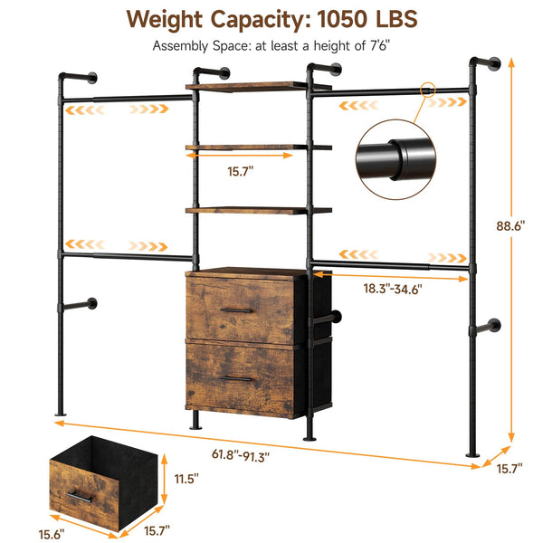 Wall Mounted Closet Organizer with Drawers, Shelves & Rods