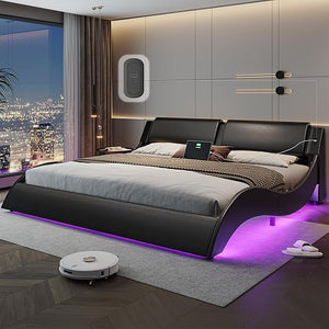 California King LED Bed Frame with USB Ports | Faux Leather Low Profile Platform Bed