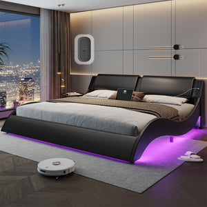 California King LED Bed Frame with USB Ports | Faux Leather Low Profile Platform Bed