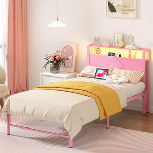 Twin Bed Frame with Storage Headboard, LED Light & Charging Station