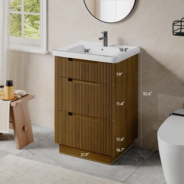 24" Fluted Bathroom Vanity with Integrated Ceramic Sink & 3 Drawers