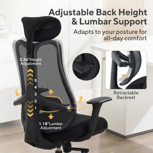 Fluido Ergonomic High Back Mesh Office Chair with Adjustable Lumbar Support & 3D Armrests