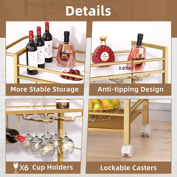2-Tier Rolling Bar Cart with Wine Rack
