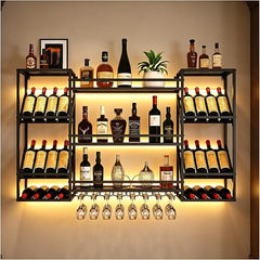 Wall Mounted Wine Rack with Glass Holder & Floating Bar Shelves