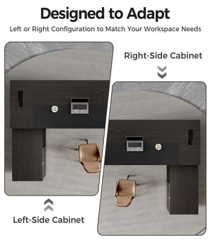 L-Shaped Executive Desk with Power Outlets, Drawers & Storage Shelves
