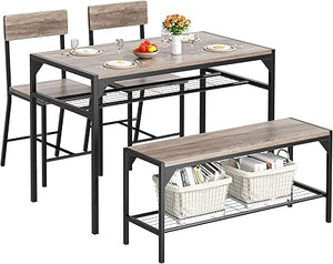 4-Piece Dining Table Set with Bench, 2 Chairs & Storage Rack