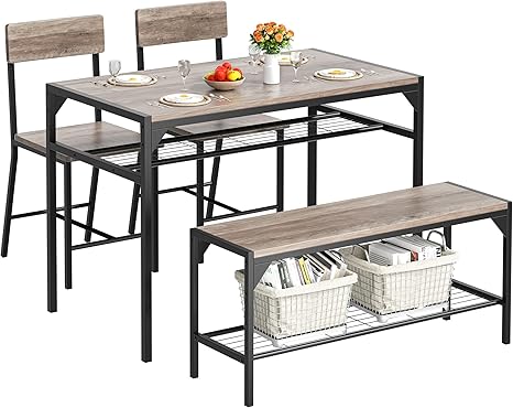 4-Piece Dining Table Set with Bench, 2 Chairs & Storage Rack
