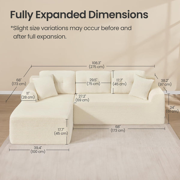 Modular Sectional Sofa with Left-Facing Chaise – Cream White Corduroy