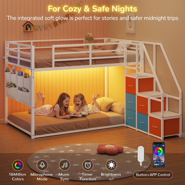Twin Over Twin Low Bunk Bed with Storage Drawers and LED Lights