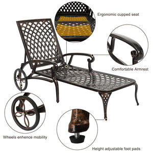 Aluminum Outdoor Chaise Lounge Chair with Wheels & Adjustable Backrest