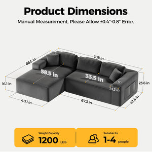 108" L-Shaped Sectional Sofa with Deep Seat & Storage Pockets