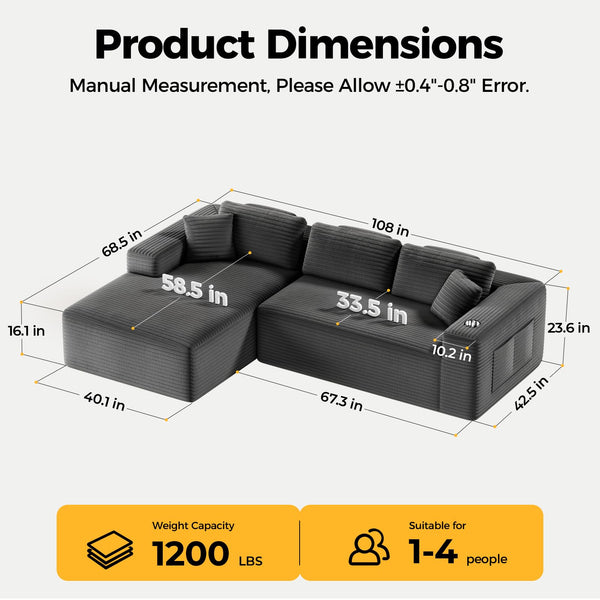 108" L-Shaped Sectional Sofa with Deep Seat & Storage Pockets