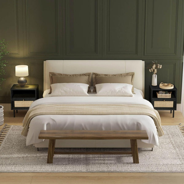 Boho Rattan Nightstand Set of 2 with Storage Cabinet & Metal Legs