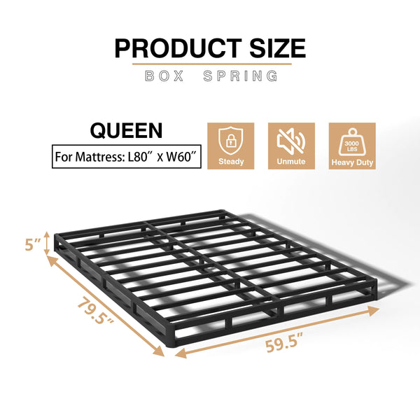 5 Inch Low Profile Metal Box Spring Mattress Foundation – Noise-Free, 3000 lbs