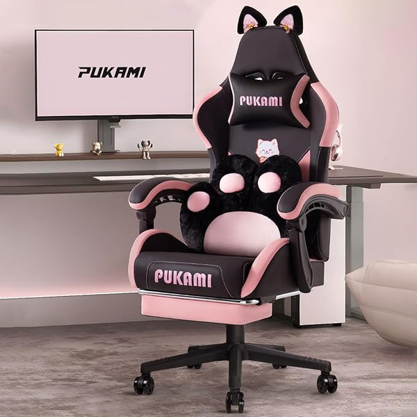 Kawaii Cat Gaming Chair with Footrest & Recliner