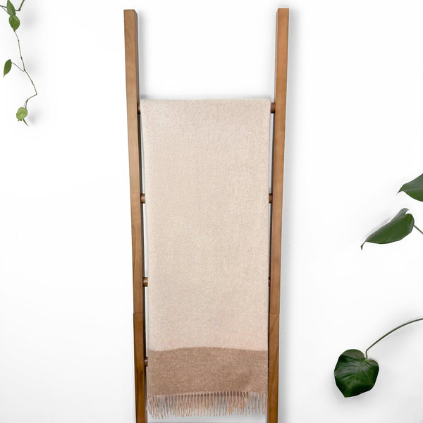 100% Cashmere Throw Blanket — Natural Beige, 67"x57", Reversible Jacquard with Fringe