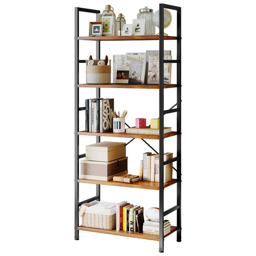 5-Tier Metal & Wood Bookcase with Adjustable Shelves
