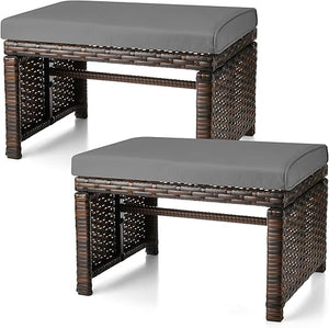 2-Pc Outdoor Rattan Ottoman Set with Removable Cushions