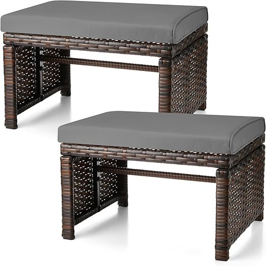 2-Pc Outdoor Rattan Ottoman Set with Removable Cushions