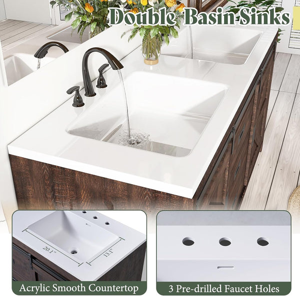 60" Farmhouse Bathroom Double Vanity with Integrated Sink & Sliding Barn Door
