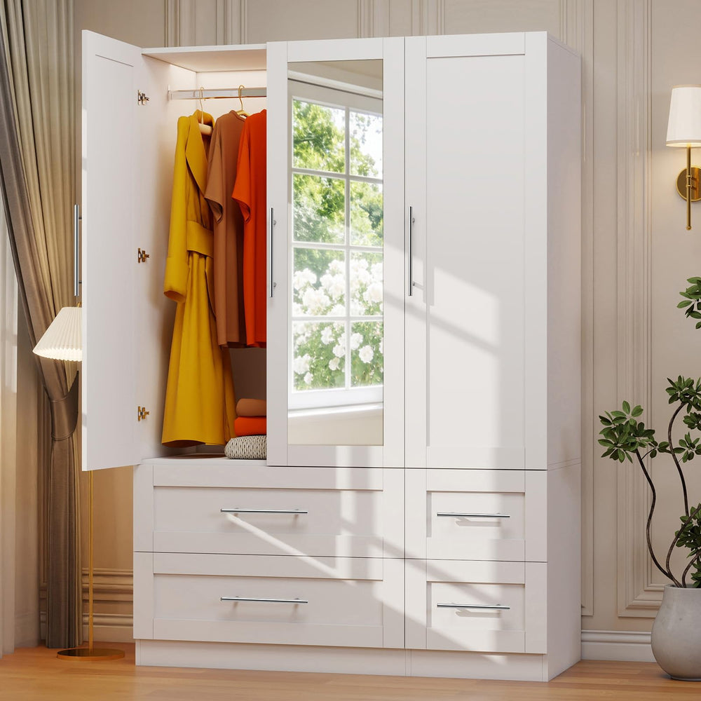 Wardrobe Closet with 4 Drawers, Mirror Doors & Hanging Rod, 71" Tall