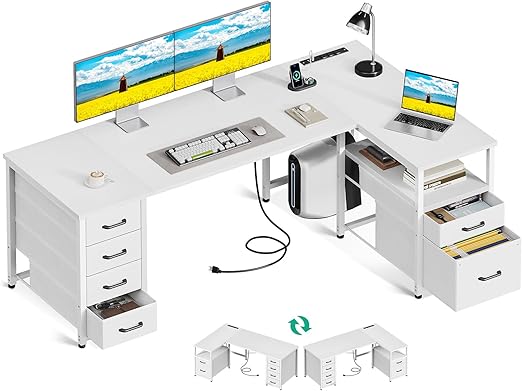 L-Shaped Corner Desk with Drawers & Power Outlet